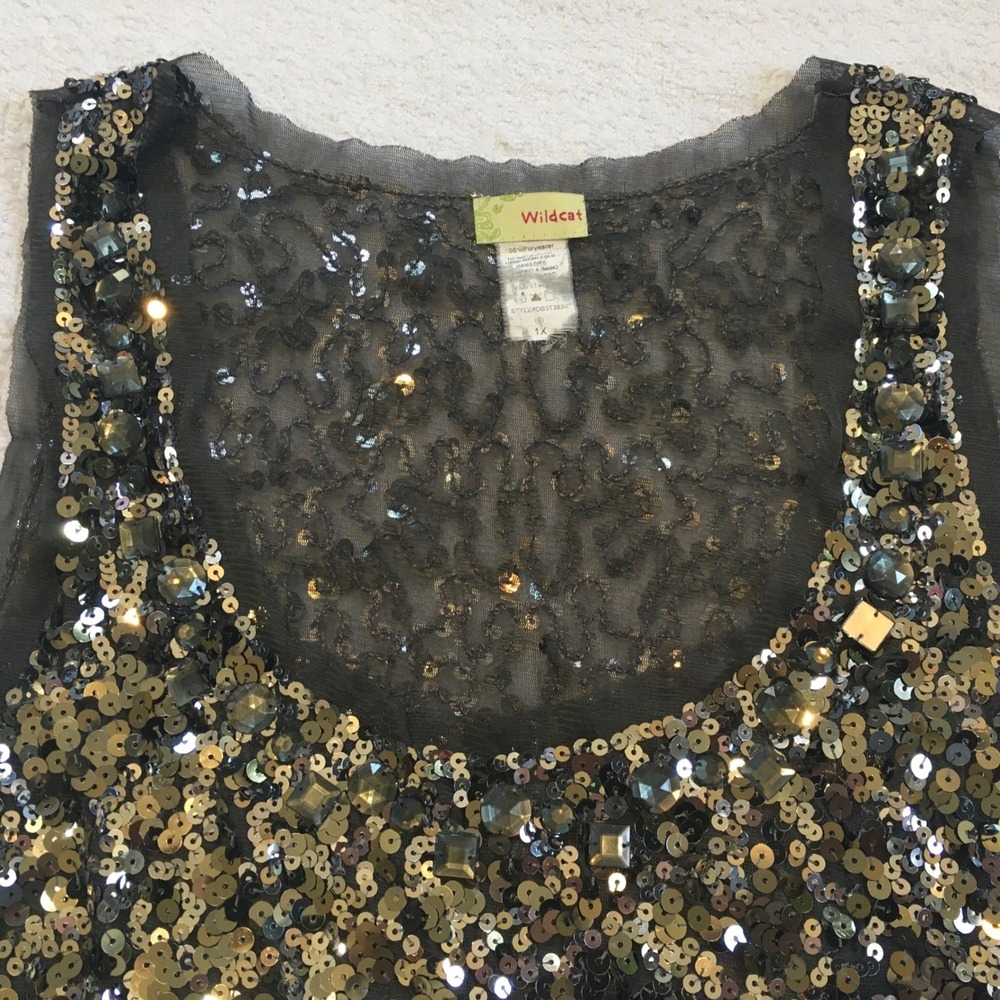Wildcat Womens 1X Sequin Embellished Sheer Overlay Tank Top Silver‎ Gold Sparkle - Picture 3 of 5